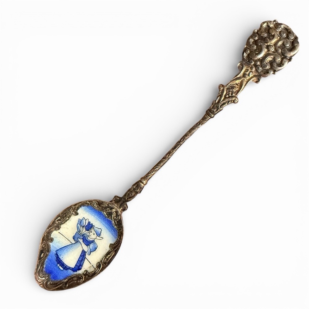 Vintage Klepa Arts Czechoslovakia‎ Enamel Souvenir Spoon Dutch Girl Tulips Blue